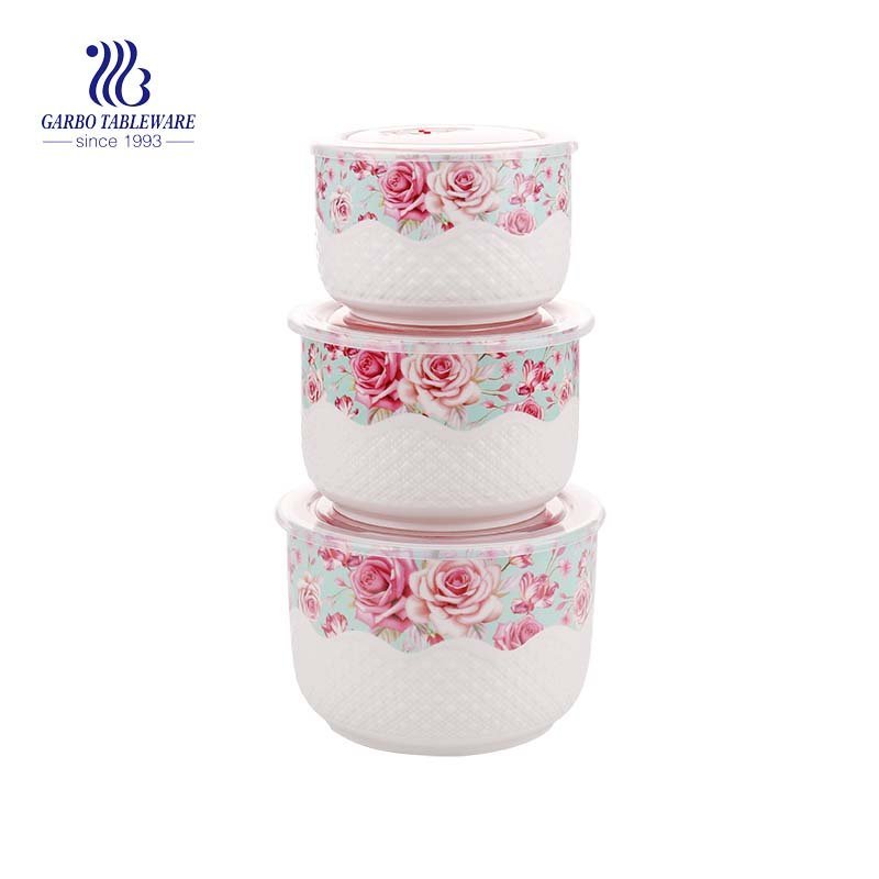 Hotsale 290ml new bone china bowl ceramic food container with plastic lid