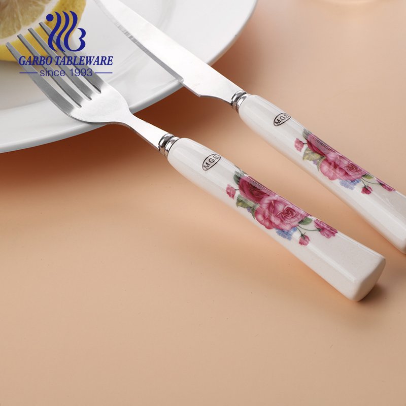 2 قطعة في الهواء الطلق الفولاذ المقاوم للصدأ أدوات المائدة السيراميك تشمل سكين / شوكة مرآة مصقولة