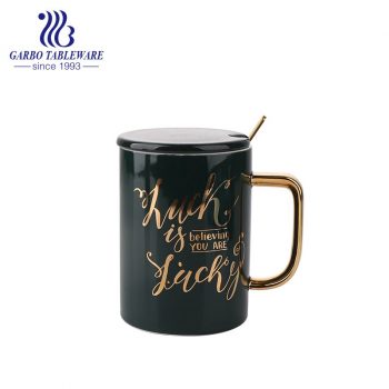 printing black ceramic mug with ceramic cover porcelain cup with gold handle high end European style Coffee mug with stainless steel spoon