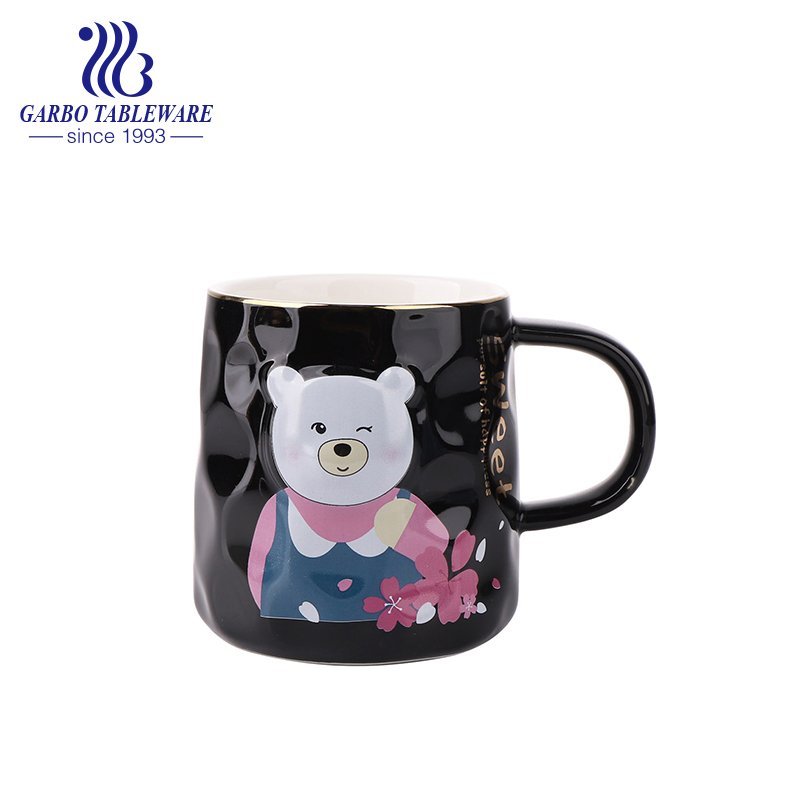 cute round shape small cartoon Minions design printing ceramic coffee mug porcelain drinking cup with black rim