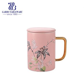 Custom classic china printing ceramic drinks mug water drinking porcelain cup with gold handle and lid coffee mug with ceramic cover