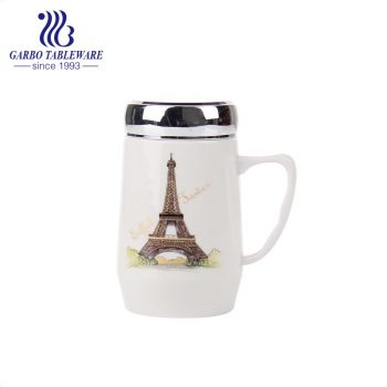 Eiffel tower printing design ceramic water drinking mug with handle stainless steel sealed cover porcelain cup for office