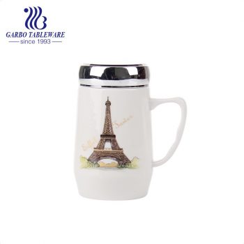 Taza para beber de agua de cerámica con diseño de impresión de la torre eiffel con asa taza de porcelana de tapa sellada de acero inoxidable para oficina