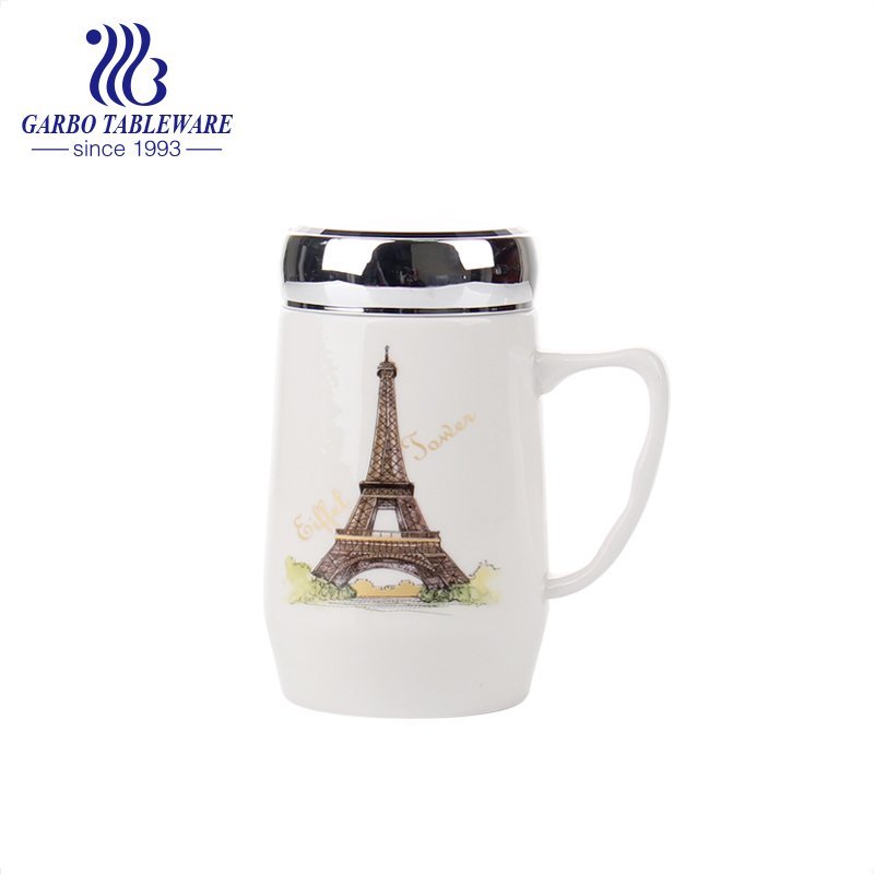 High white porcelain water drinking mug with special green handle ceramic cup for wholesale