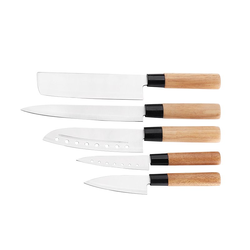 FOB 5PCS Juego de cuchillos de cocina de acero inoxidable profesional 420 pulido espejo con mango de madera