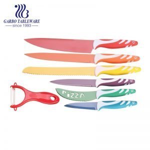 Faca de chef mais vendida de máquina prensada em spray cor logotipo personalizado profissional 7 peças de faca de cozinha com cabo em PP colorido para uso na cozinha