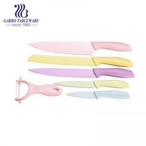 Color Box Pack Customized Logo Chef Knife Machine Pressed Spray Color 6PCS Kitchen Knife Peeler Set With Colorful PP Handle