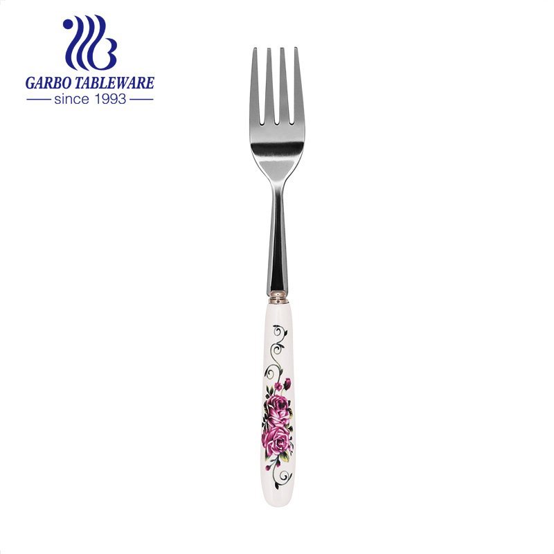 Factory wholesale stainless steel mirror polished salad forks set of 6pcs with custom design ceramic handle flatware