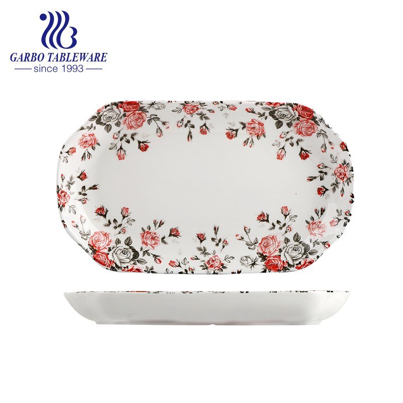 Оптовая керамическая посуда уникальная цветочная роспись простой прямоугольник 12.5-дюймовая фарфоровая тарелка для рыбы