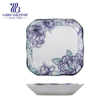 Factory cheap fancy custom flower design ceramic dinnerware 8.5inch square porcelain dinner plate