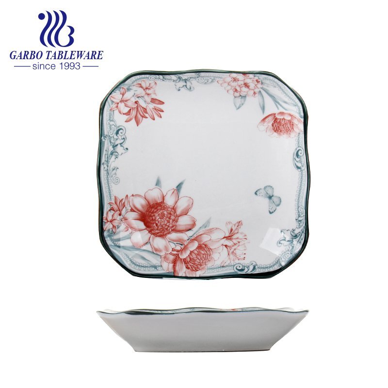Factory cheap fancy custom flower design ceramic dinnerware 8.5inch square porcelain dinner plate