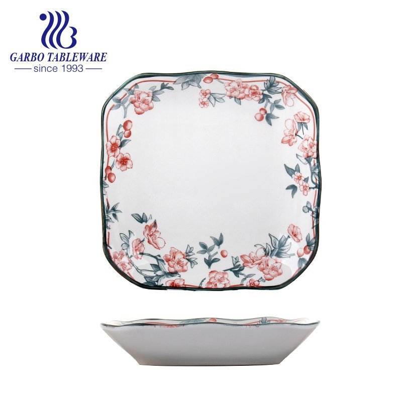 Plato de cena de cerámica cuadrado de la porcelana del diseño floral de encargo de lujo barato de la fábrica 8.5inch