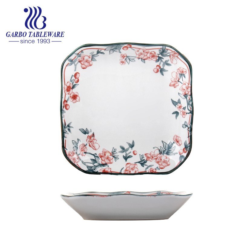 Factory cheap fancy custom flower design ceramic dinnerware 8.5inch square porcelain dinner plate