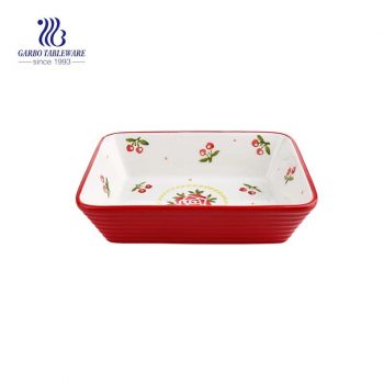 8” Heat-Resistant Rectangle Red Glazing Strawberry Printing Porcelain Baking Plate Porcelain Bakeware