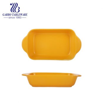 8” Heat-Resistant Rectangle Shape Yellow Glazing Porcelain Baking Tray, porcelain bakeware with Handle