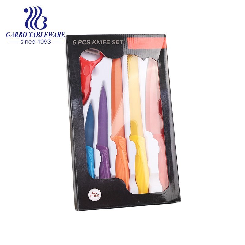 Superior Quality China Factory Spraying Technology Gift Box 6pcs Environmental Friendly SS420 Material Kitchen Knife Set With Colorful Handle