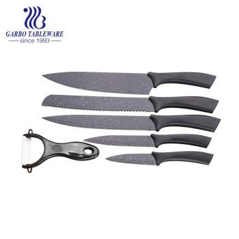 China Fabricante Venda Quente Design de Moda Pulverização Profissional Preto 6pcs Faca de Cozinha e Descascador Conjunto com Cabo PP Cor Preta