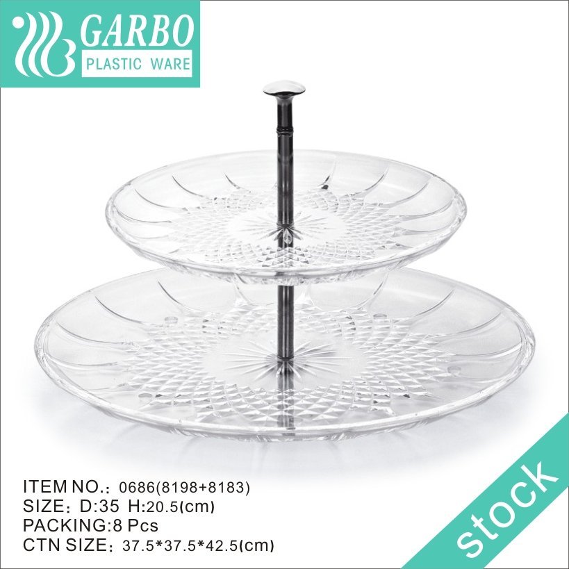 Wholesale Clear Plastic Plates Party Wedding Engraved Pattern 2 Tier Serving Stand