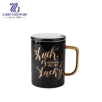 Black real gold printing porcelain mug with ceramic lid bone china water drinking mug for office