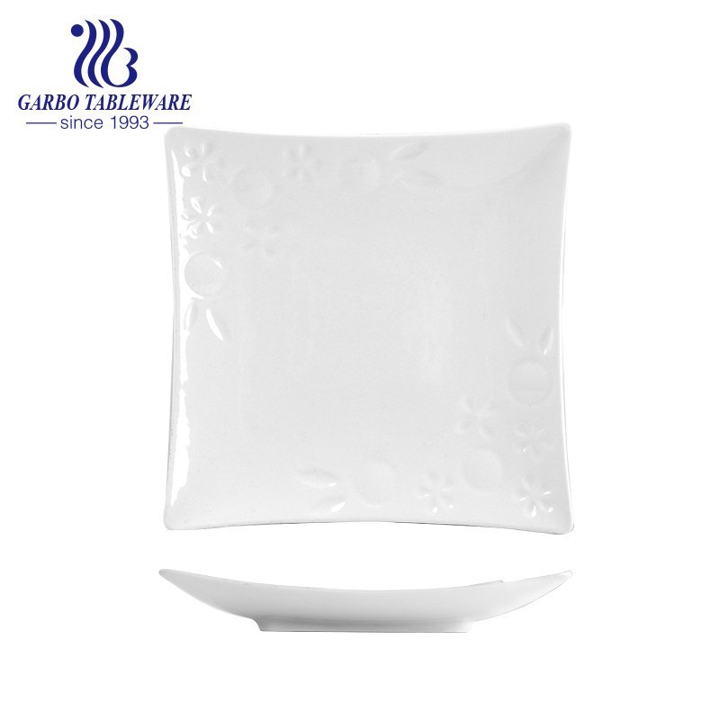 Оптовая торговля тиснением элегантная 9.6-дюймовая тарелка белая квадратная фарфоровая тарелка