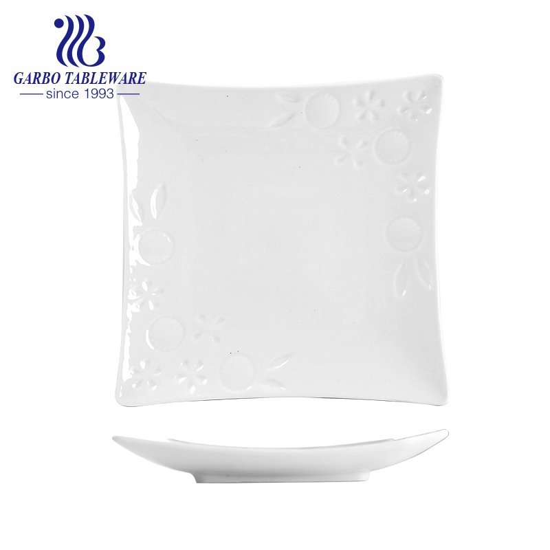 Großhandel geprägtes Muster elegante 9.6-Zoll-Schüssel weißen quadratischen Porzellanteller
