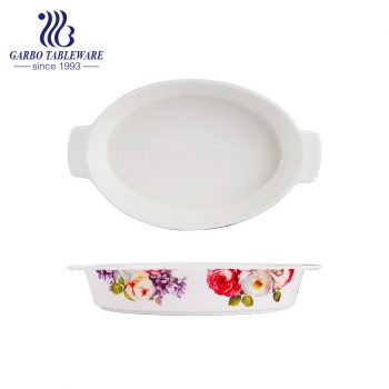 750ml oval shape printing new bone china pie baking tray with ears baking plate