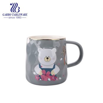 Cute bear printed design grey color ceramic mug porcelain children water cup with handle for gift bone china drink ware
