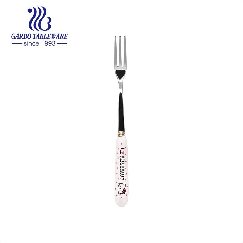 Mirror polished silver fruit forks 13/0 stainless steel salad fork with custom ceramic decal handle elegant flatware