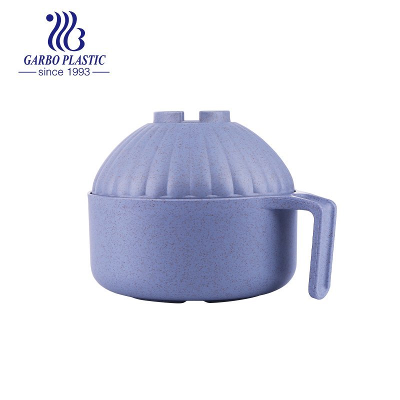 Baby blue wheat straw eco-friendly material plastic lunch noodle bowl with castle shape lid from China factory