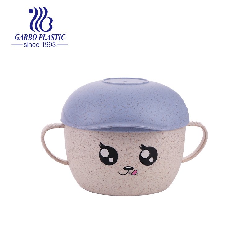 Eco-friendly wheat straw material plastic bowl with baby pink lid and portable two ears from factory