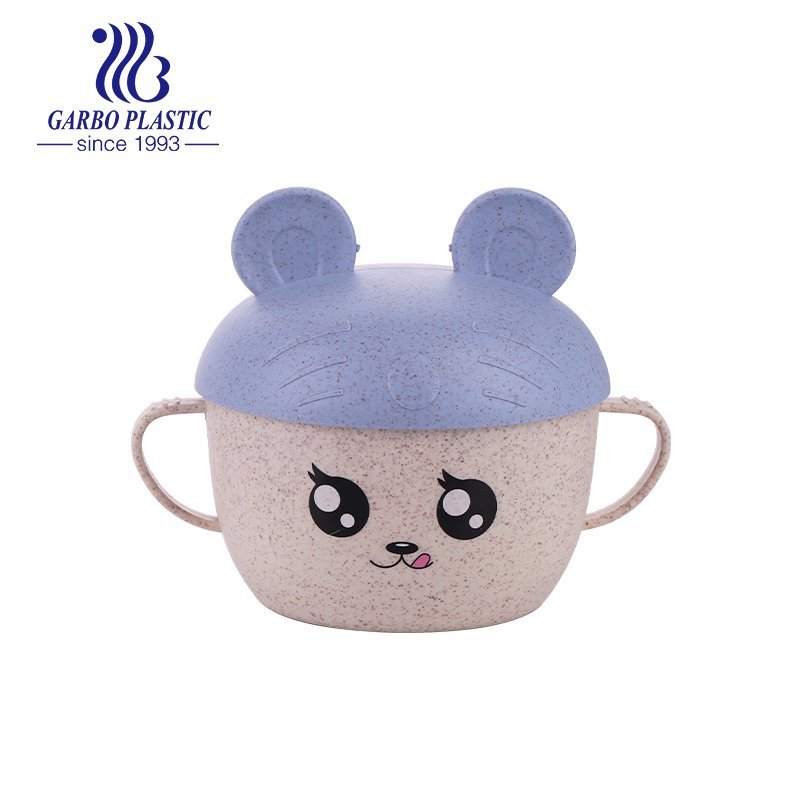 Eco-friendly wheat straw material plastic bowl with baby pink lid and portable two ears from factory
