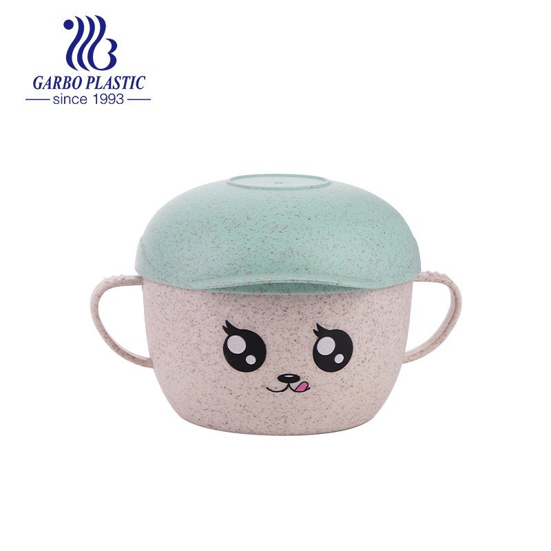 Wheat straw material eco-friendly plastic kids noddle bowl with light green beer shape lid and cute emotion