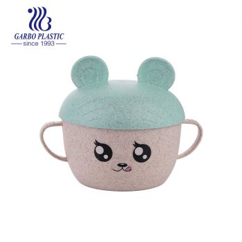 Wheat straw material eco-friendly plastic kids noddle bowl with light green beer shape lid and cute emotion