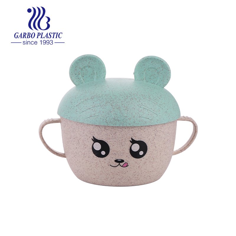 Eco-friendly wheat straw material plastic bowl with baby pink lid and portable two ears from factory