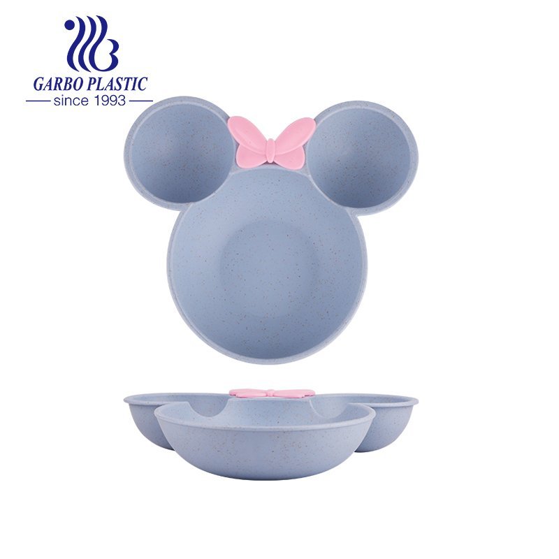 Durable Wheat Straw Divided Plates with Pink Color Bear Head Plastic Sectional Tray for Kids