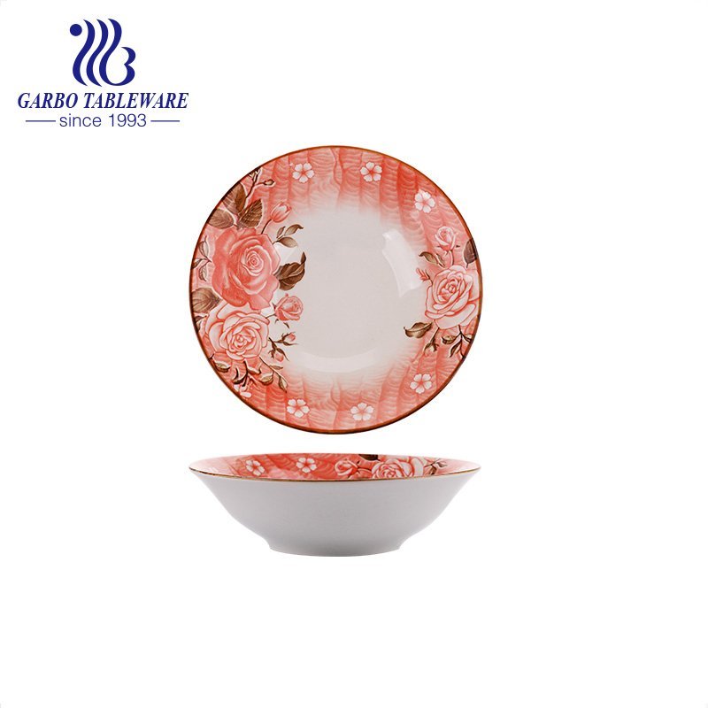 Underglaze color decorated ceramic big bowl with flower edge