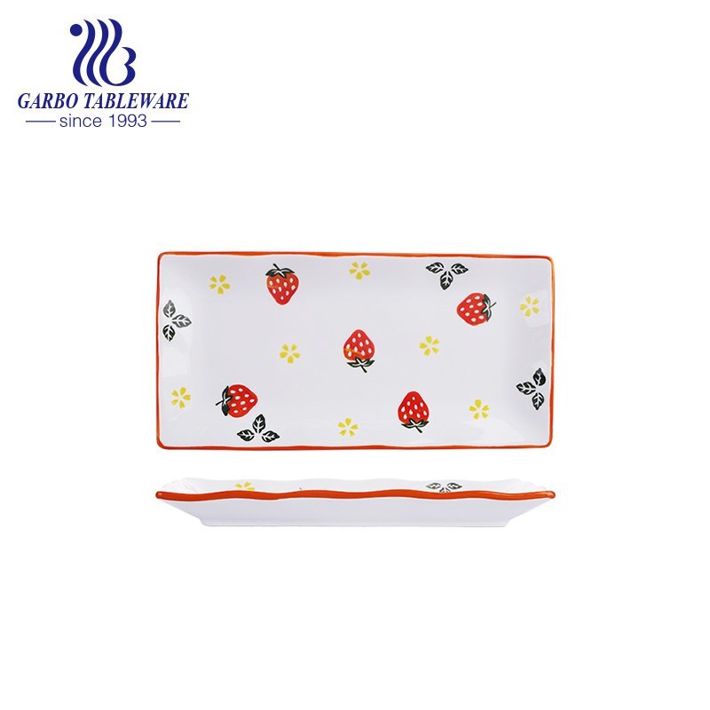 Wholesale cheap multifunctional strawberry painting sushi dessert dishes 13.5inch rectangle porcelain plate tableware