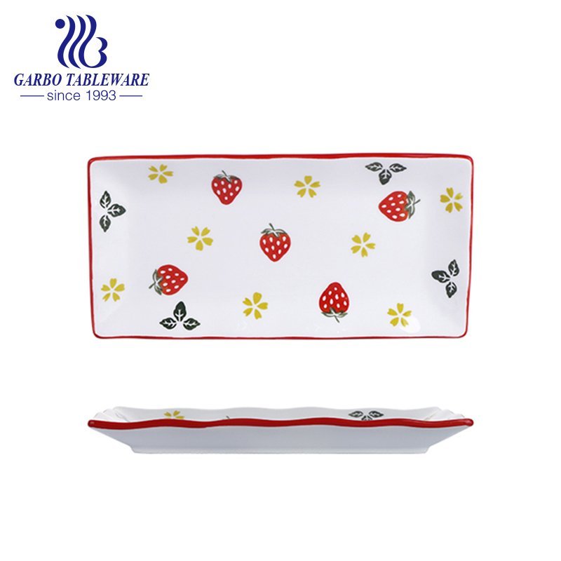 Wholesale cheap multifunctional strawberry painting sushi dessert dishes 13.5inch rectangle porcelain plate tableware