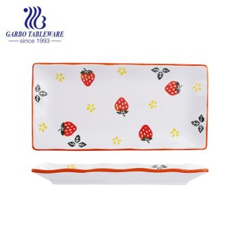 Wholesale cheap multifunctional strawberry painting sushi dessert dishes 13.5inch rectangle porcelain plate tableware