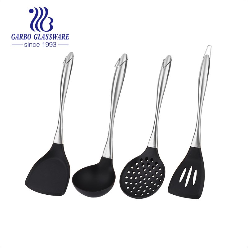 Silicone Cooking Utensil Set 14 Pcs Uarter Kitchen Utensils Cooking Utensils Set Black Non-stick Heat Resistant Silicone Cookware with Stainless Steel Handle 