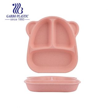 Durable Wheat Straw Divided Plates with Pink Color Bear Head Plastic Sectional Tray for Kids