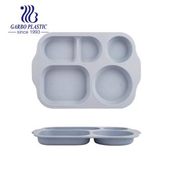 Blue Color Unbreakable Natural Wheat Straw Plastic Sectional Plates with 5 dividers for Kids