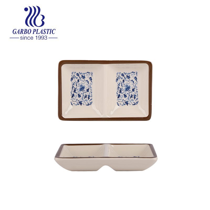 BAP free Durable Plastic 3-Section Serving Tray with Blue Flower Priniting Good for Home or Restaurant use