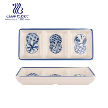 BAP free Durable Plastic 3-Section Serving Tray with Blue Flower Priniting Good for Home or Restaurant use