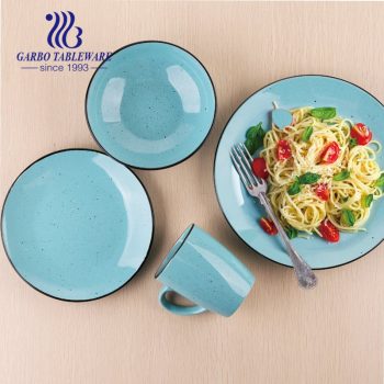China fábrica de cor azul barata com esmalte exclusivo talheres de grés fino conjunto de jantar de 16 unidades de cerâmica real