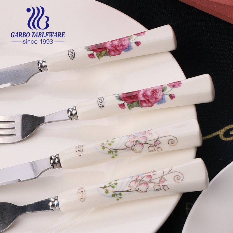 Garbo wholesale creative table forks with customized ceramic handle mirror polished food meal fork