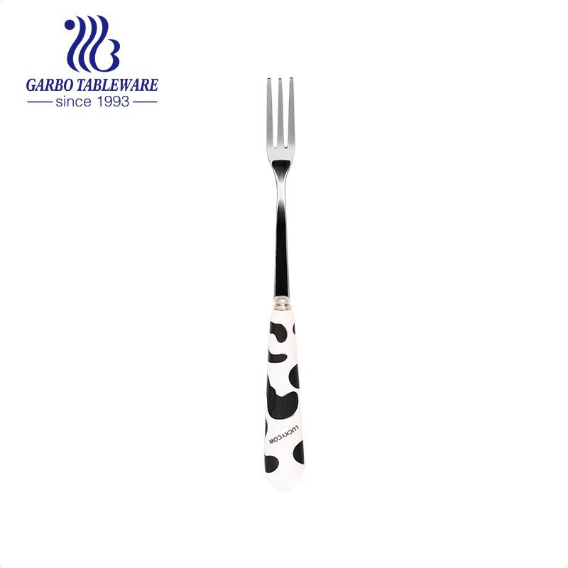Wholesale silver mirror polished fruit forks with customized flower decals ceramic handle flatware for home used