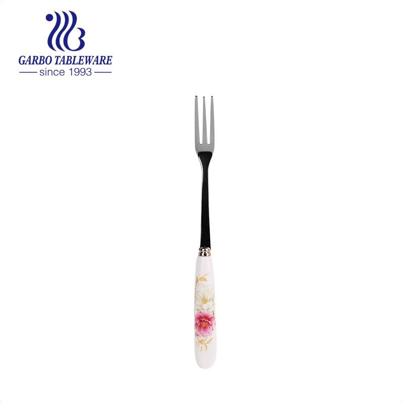 Wholesale silver mirror polished fruit forks with customized flower decals ceramic handle flatware for home used