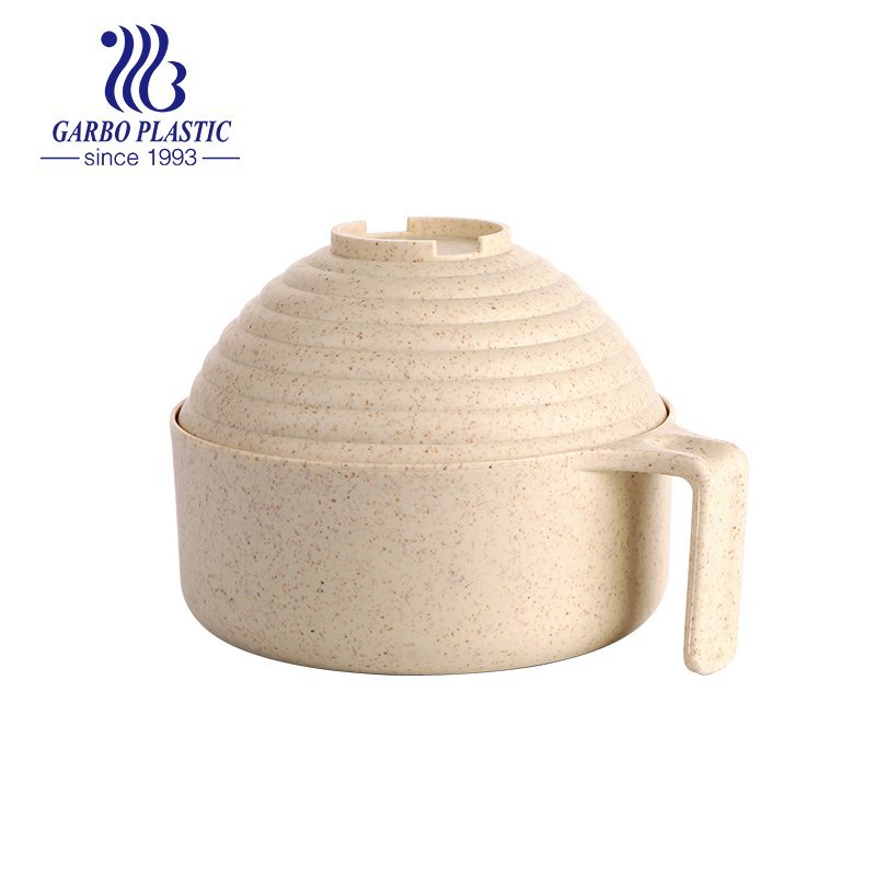 Light factory made wheat straw material plastic bowl for noddles salad with big round lid and easy holding handle