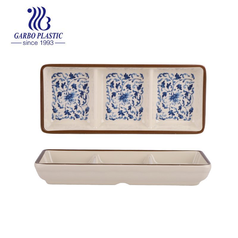 Japanese Style Durable Plastic Sushi Serving Plates with Full Flower Printing, Suitable for Hotels, Restaurannt Dinnerware